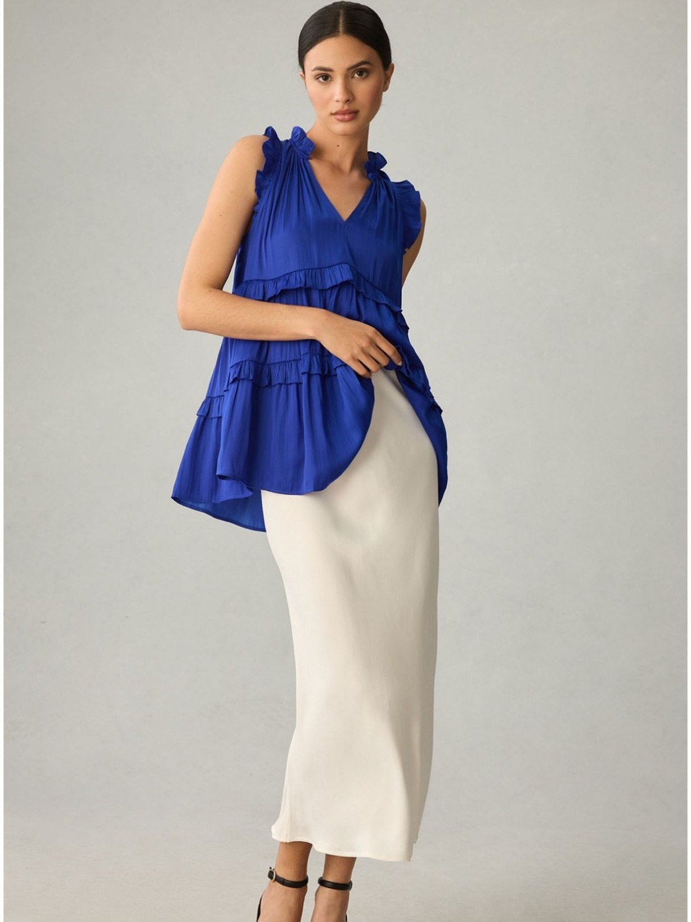 Anthropologie Royal Blue Pleated Ruffle Neck Blouse